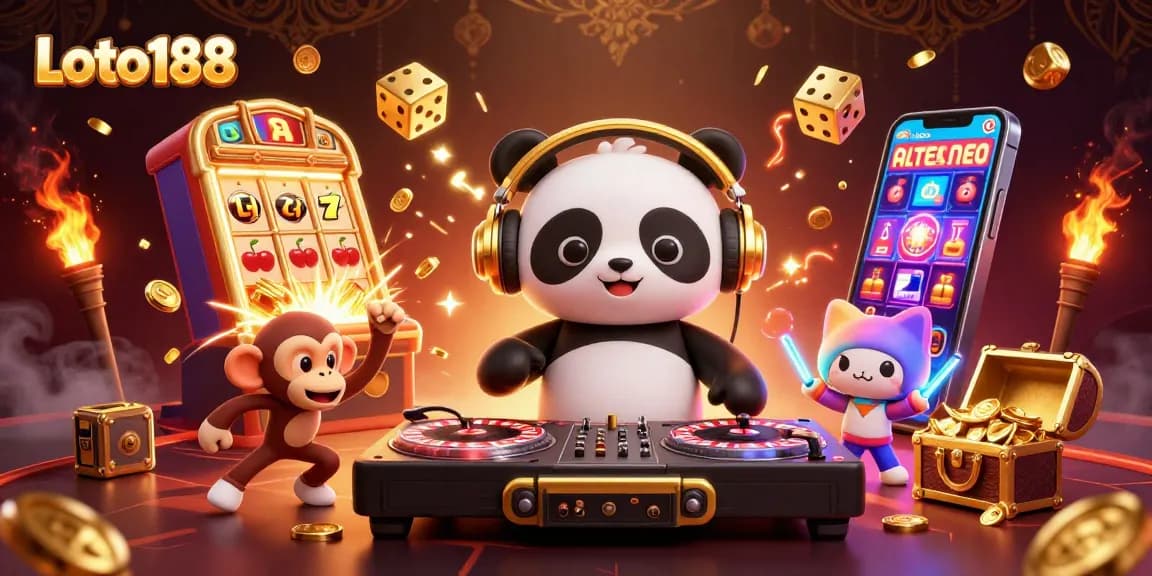 Loto188 powers up with colorful casino action featuring a DJ panda, dancing monkey, and glowing kitten.