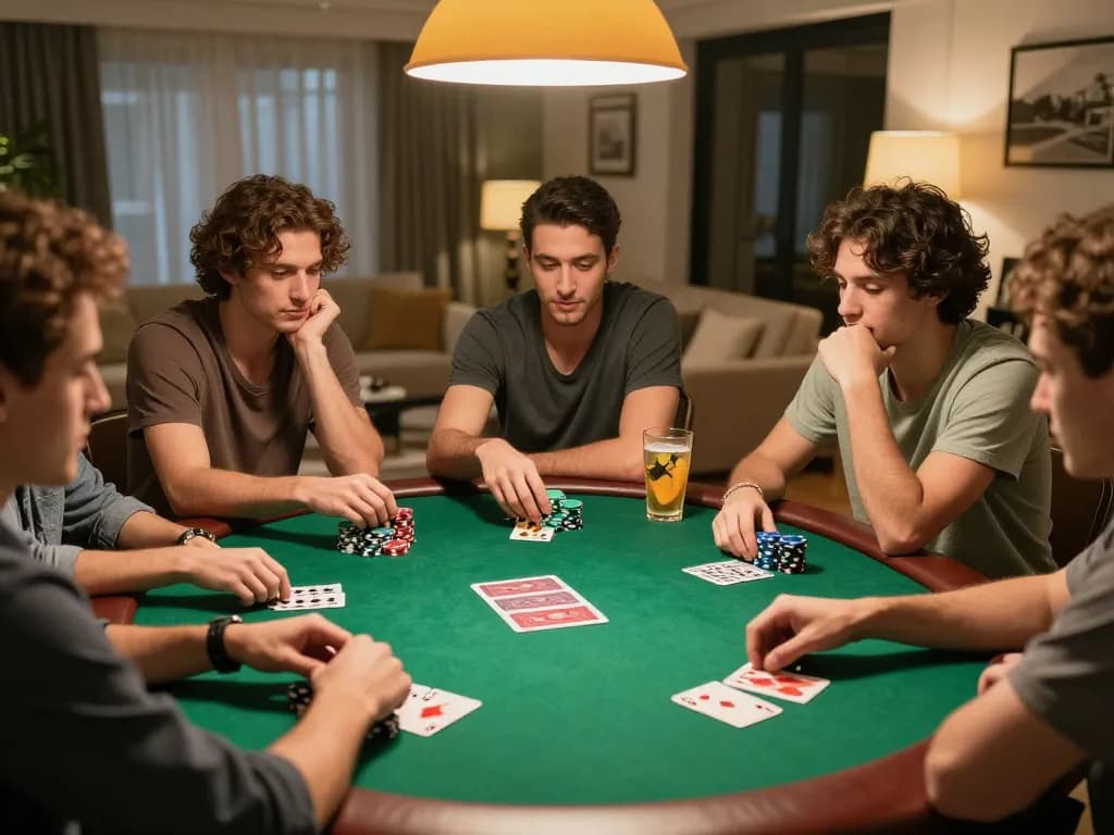 Teman-teman menempatkan taruhan selama malam poker yang intens, menunjukkan kegembiraan berjudi dengan cukup sentuhan sosial.
