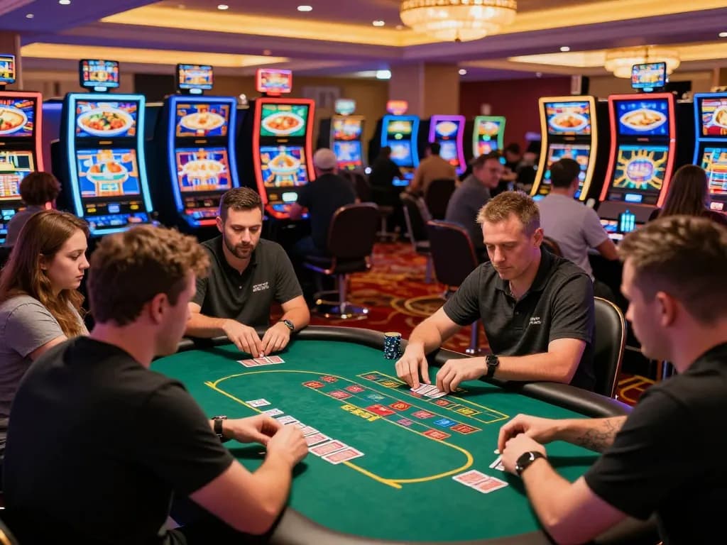 Players engaging in high-stakes poker at rr88 casino, illuminated by vibrant slot machines, showcasing excitement and strategy.