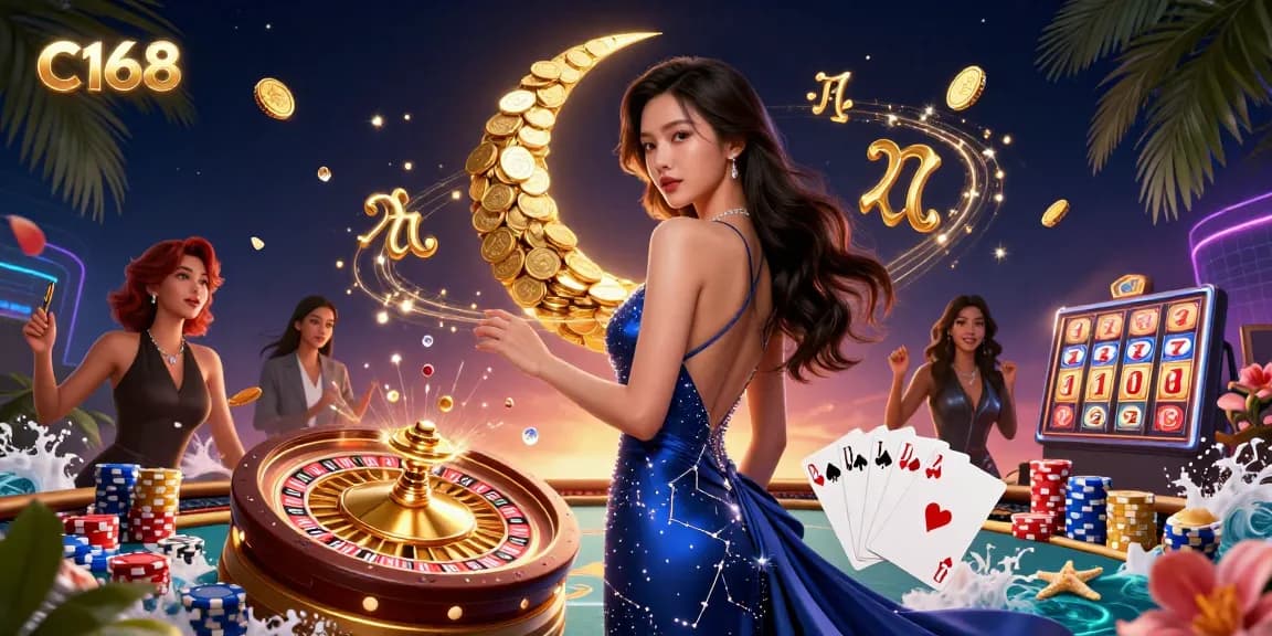 C168 casino experience showcasing elegant Asian woman surrounded by sparkling gems and fast-spinning roulette wheel.