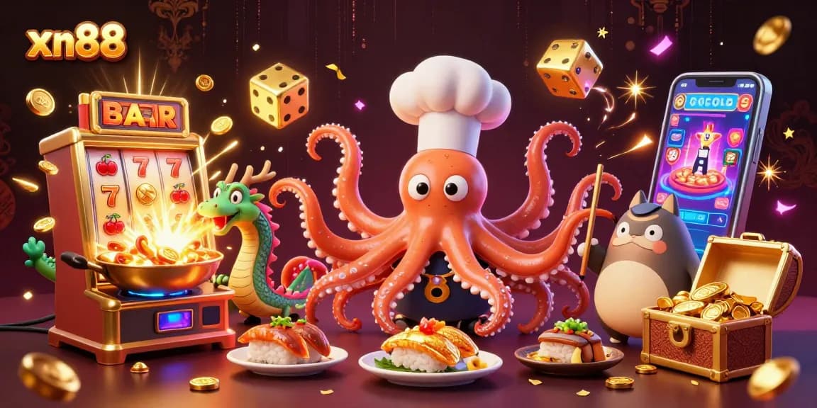 Experience thrilling gameplay at xn88 with a vibrant illustration of an octopus chef and unique casino elements.