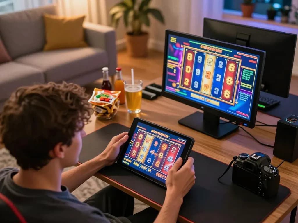 Nohu90 player enjoys online slot games on tablet in cozy home setting.