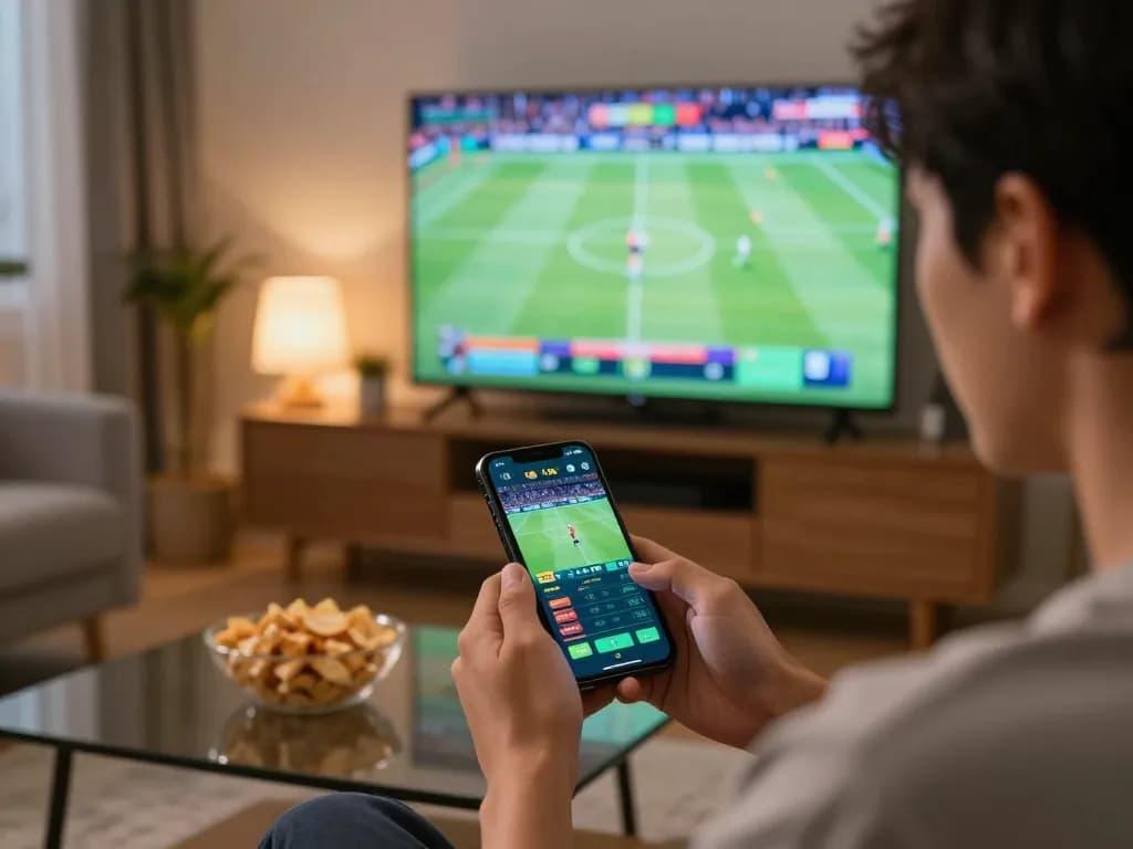 88VIN user placing bets on smartphone during live sports event in a cozy home setting.