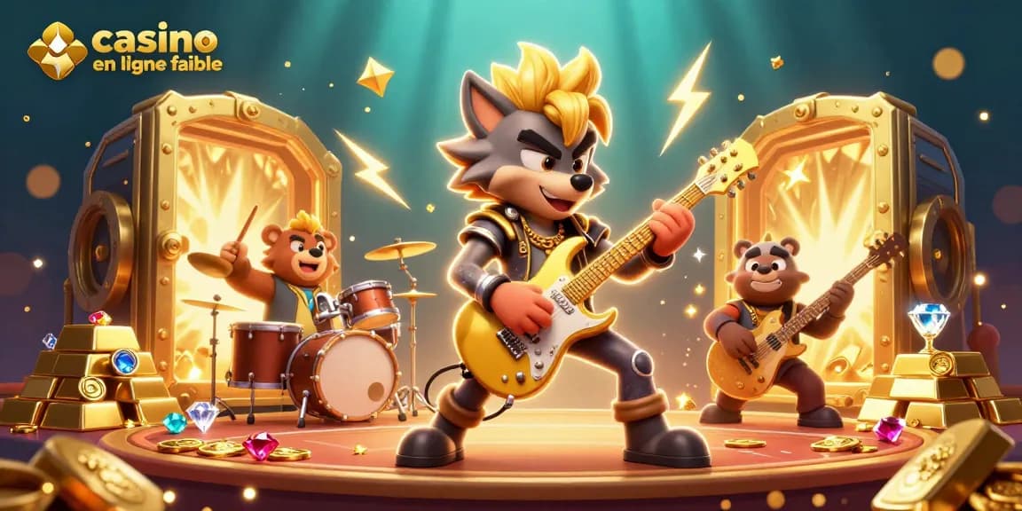 Experience excitement with casino en ligne fiable as a rock star wolf shreds on stage amidst gold and gems.