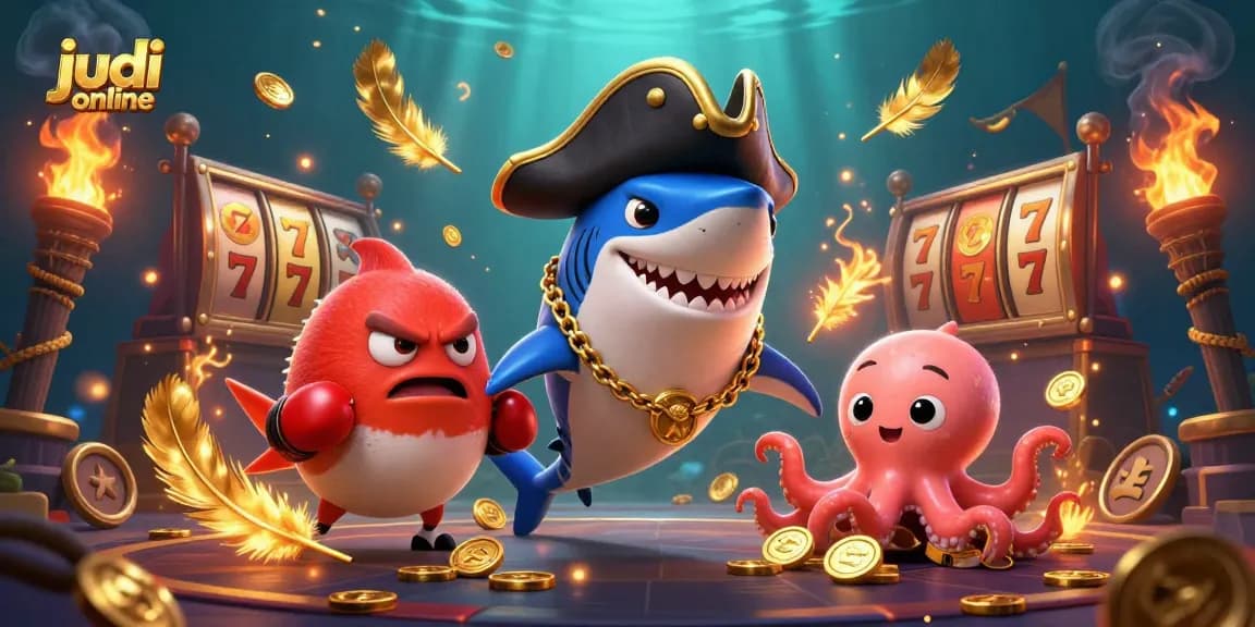 Engage in judi online with our vibrant pirate-themed illustration showcasing exciting slot reels and characters.