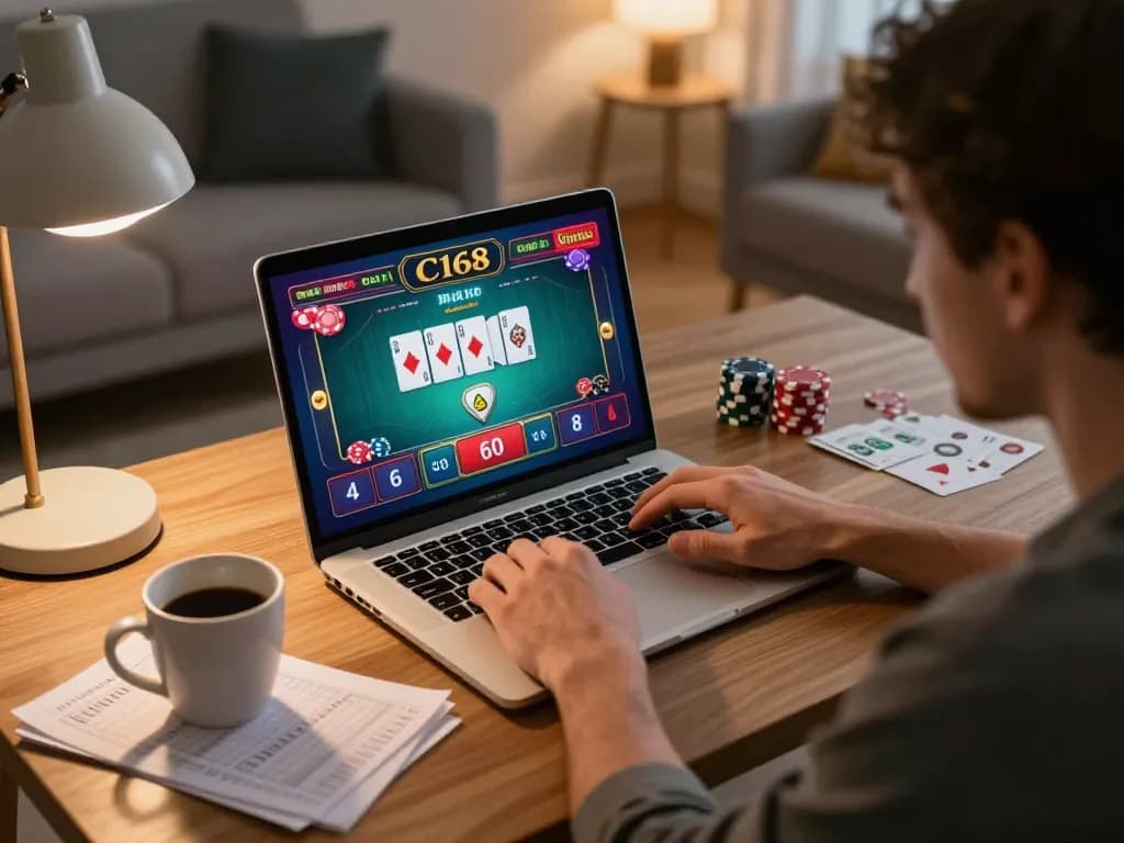 C168 player enjoying an online casino gaming session with laptop, strategy notes, and cozy atmosphere
