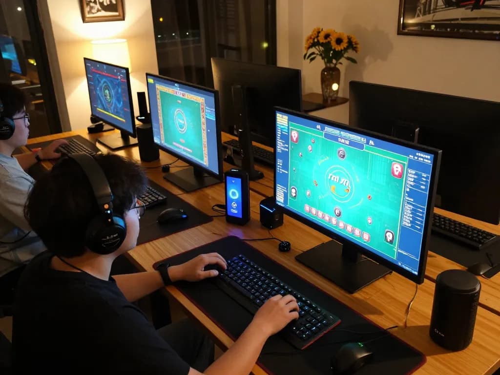 Tài Xỉu online gaming session at home, capturing strategic gameplay on multiple screens.