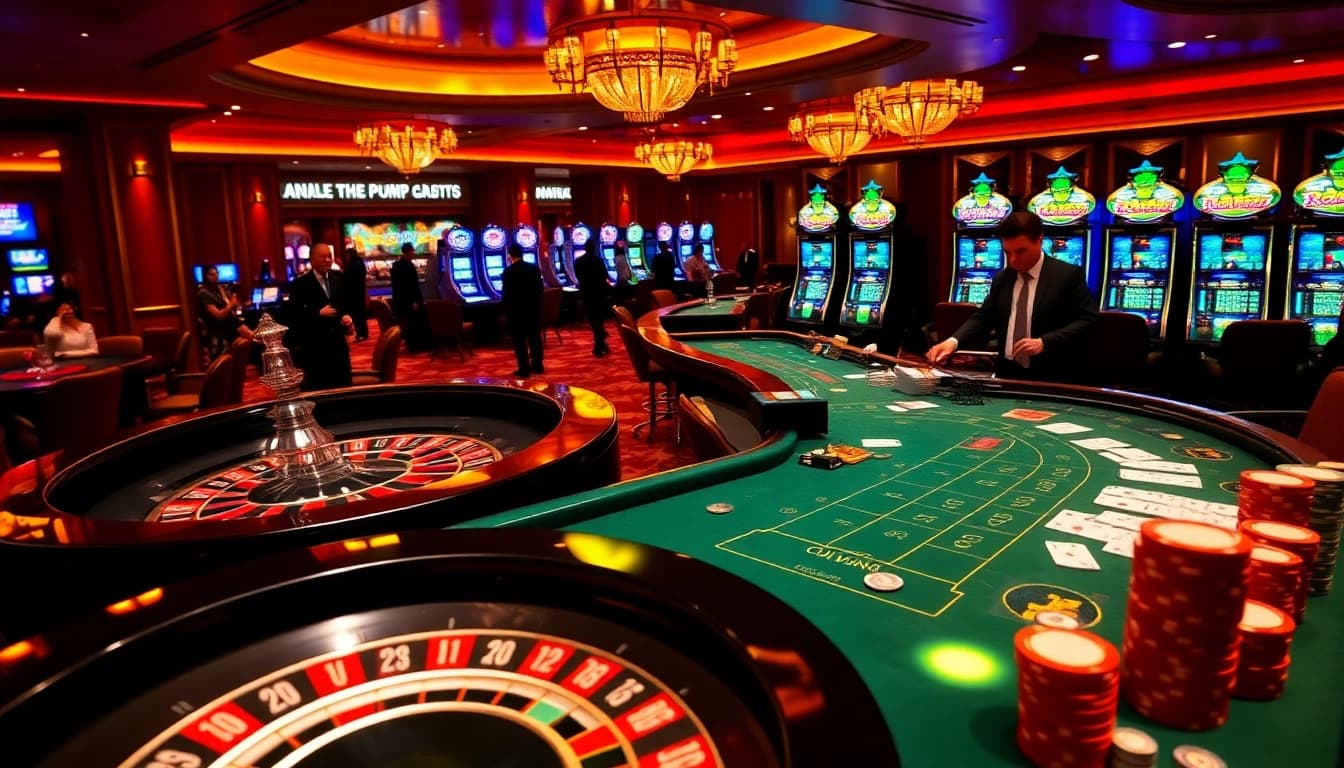 A vibrant casino atmosphere with roulette, poker chips, and cards at https://luckywin.com.co/ enticing players to bet responsibly.
