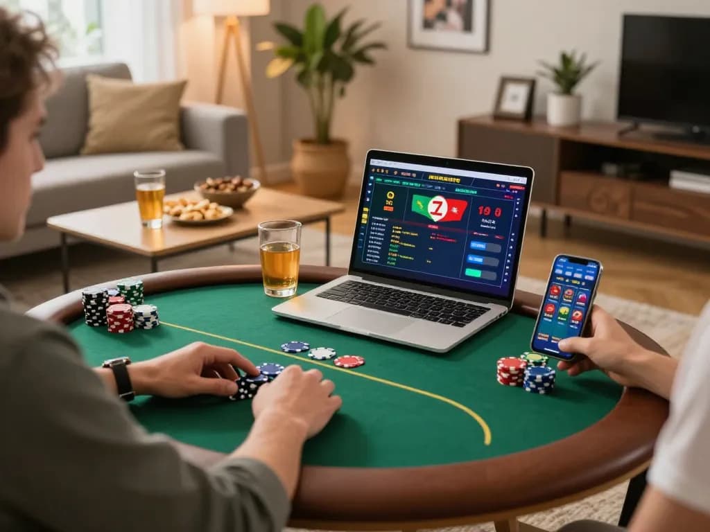 Player engaging in an online game of poker on their laptop at home, using gurita4d for thrilling gameplay experience.