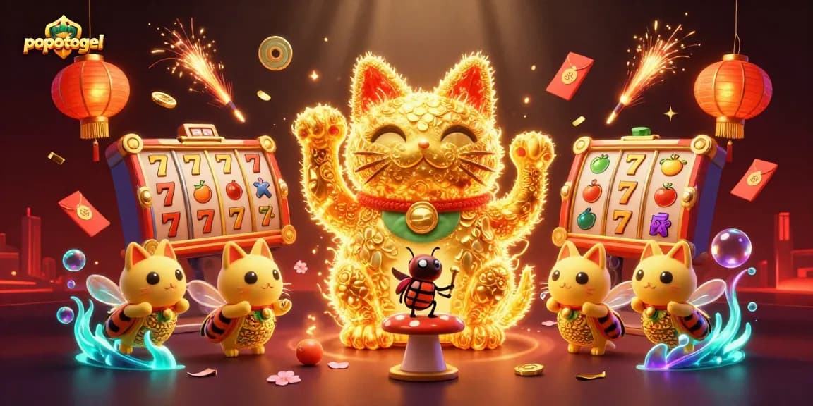 Experience popotogel's vibrant casino world with a lucky cat and dynamic gaming symbols.