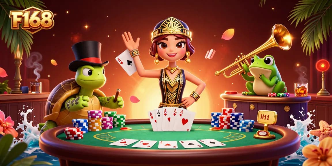 Experience thrilling gaming action at F168 with vibrant characters and dynamic casino elements.