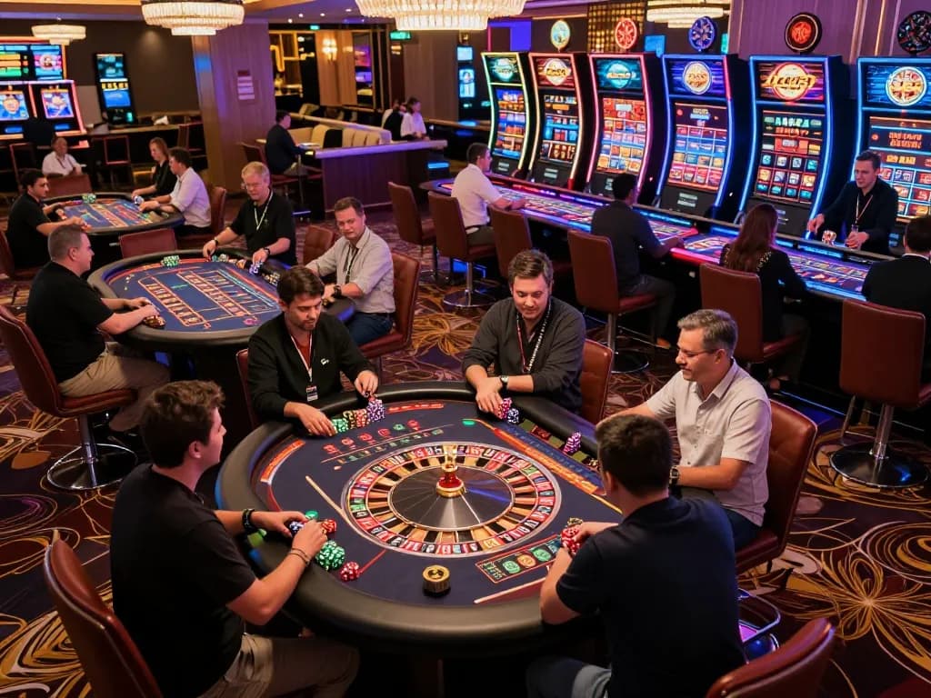 Luck8 players enjoying an exhilarating roulette game, showcasing vibrant casino atmosphere with engaged participants.
