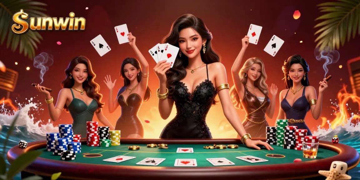 Experience intense casino action with sunwin's elegant Asian woman holding playing cards amidst vibrant game elements.
