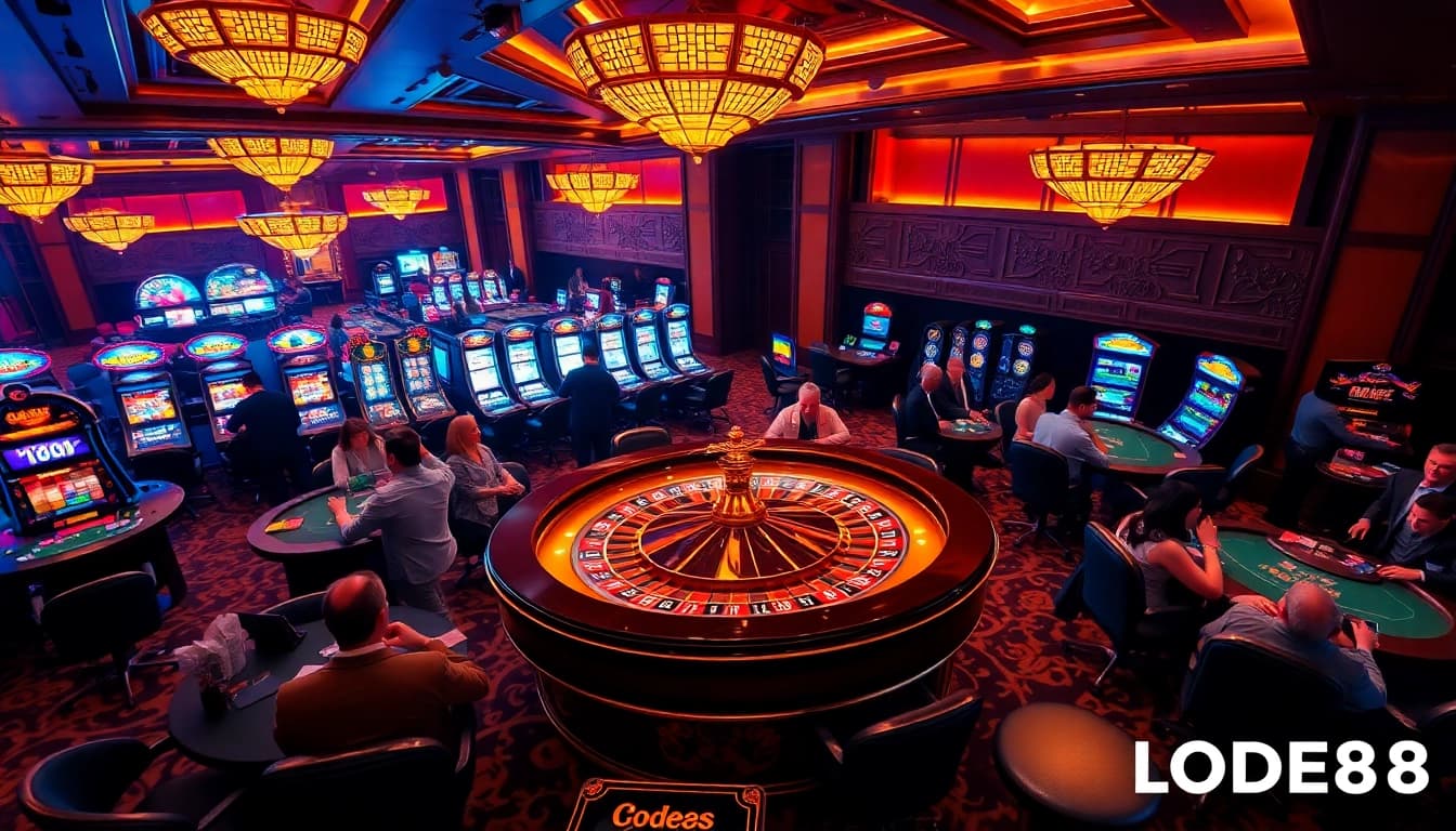 Exciting gaming scene featuring LODE88 players engaging at roulette and poker tables in a luxurious casino.