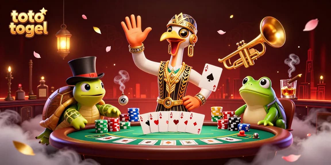 Engage in thrilling toto togel gaming with a vibrant illustration featuring energetic characters and casino elements.