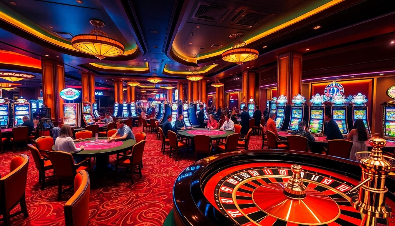Action-packed scene at a 23win casino with players enjoying poker and roulette.