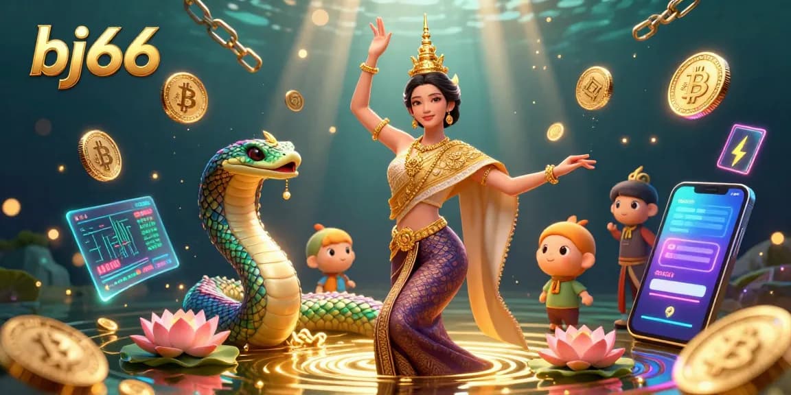 Experience the excitement of bj66 with a vibrant 3D illustration of traditional elements alongside cryptocurrency themes.