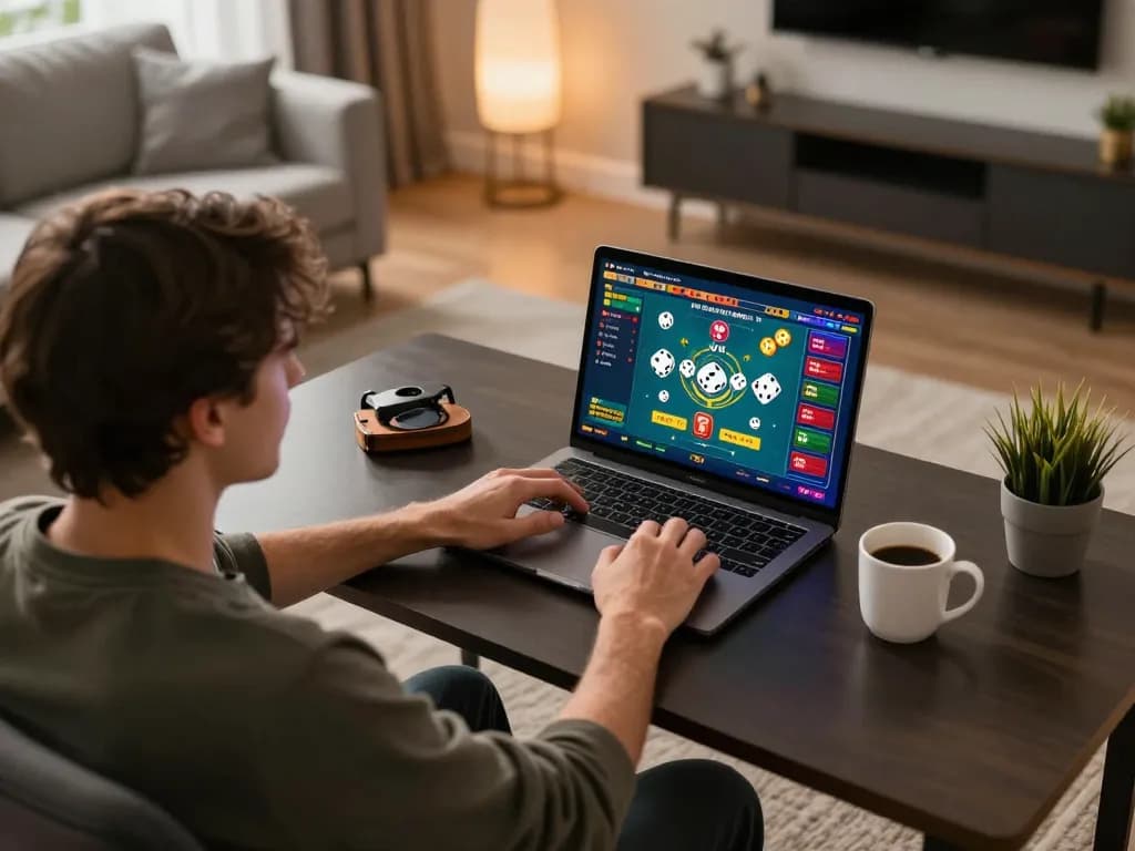 Engaging in tài xỉu online gameplay with a laptop in a cozy home setting, showcasing strategic gambling.