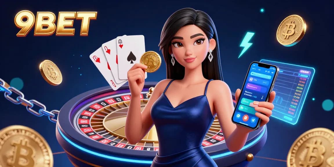 Experience the thrill of 9BET with a stunning illustration of casino excitement and cryptocurrency elements.