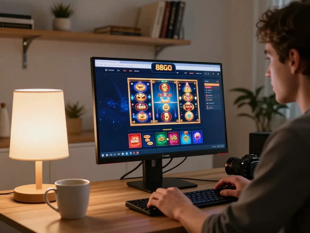 Engaging in online gaming at home with 88GO casino interface displayed on desktop, highlighting strategic play in a cozy environment.