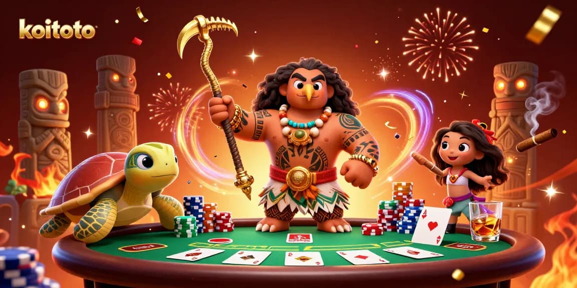 Koitoto memainkan kemenangan besar di kasino dengan poker dan karakter menggemaskan dalam suasana meriah.