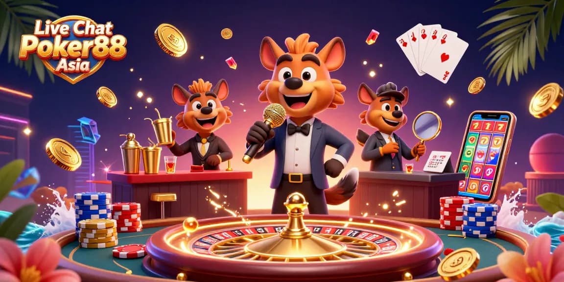 Engage in conversations at Live Chat Poker88 Asia with lively casino characters in a vibrant setting.