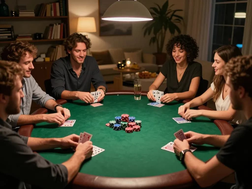 TT88 poker players engaged in a thrilling home game, showcasing strategy and camaraderie.