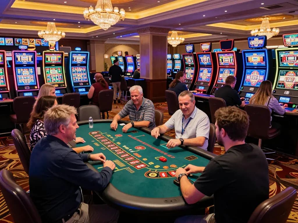 Engaged players enjoying the thrill of gambling at TG88 casino, showcasing vibrant atmosphere of excitement and diverse gaming options.