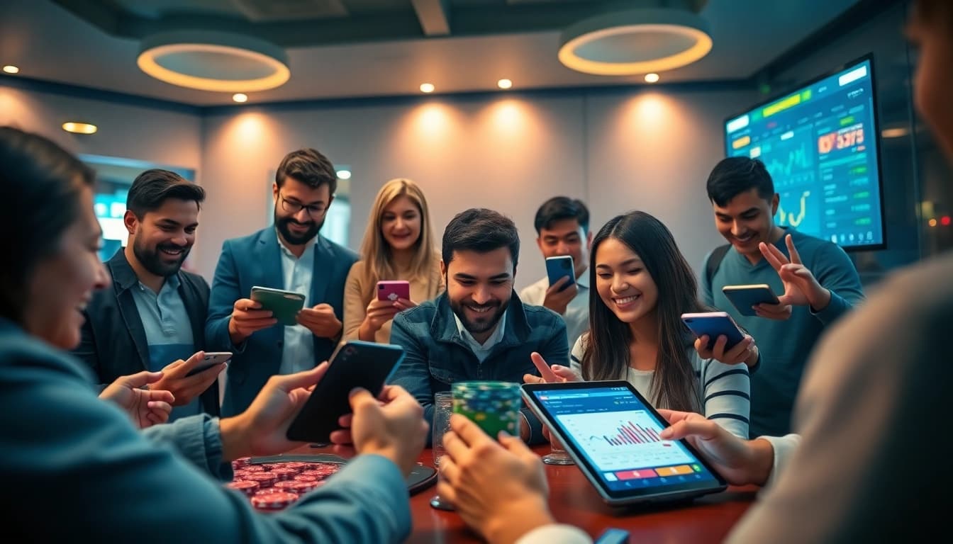 Experience engagement with OKATM, the leading online betting platform, showcasing a user-friendly interface in a vibrant casino setting.