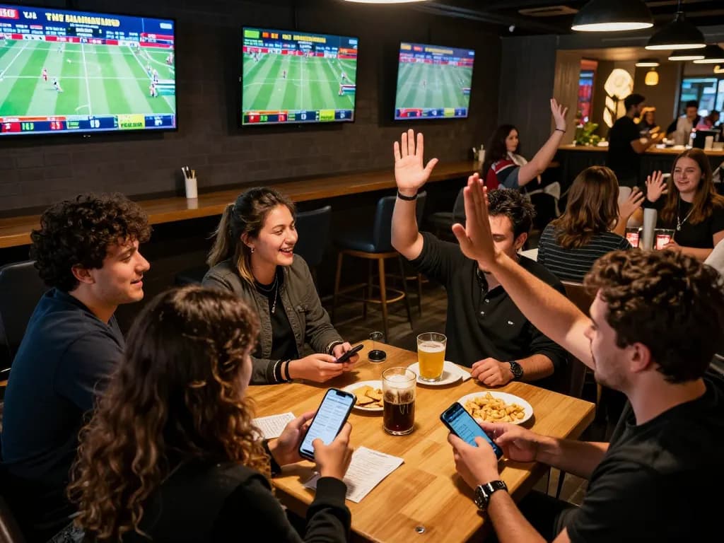 Cheering fans placing bets at MB66 during a live sports event, showcasing excitement and engagement.