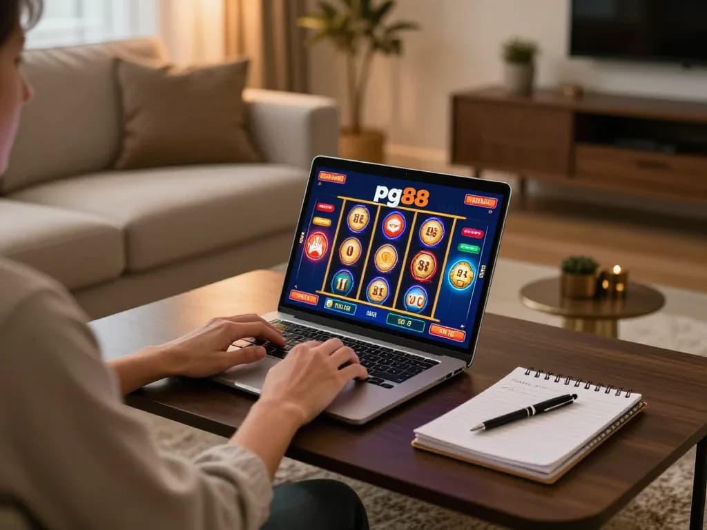 Engaged player experiencing pg88 online slots on laptop at home, documenting strategies.