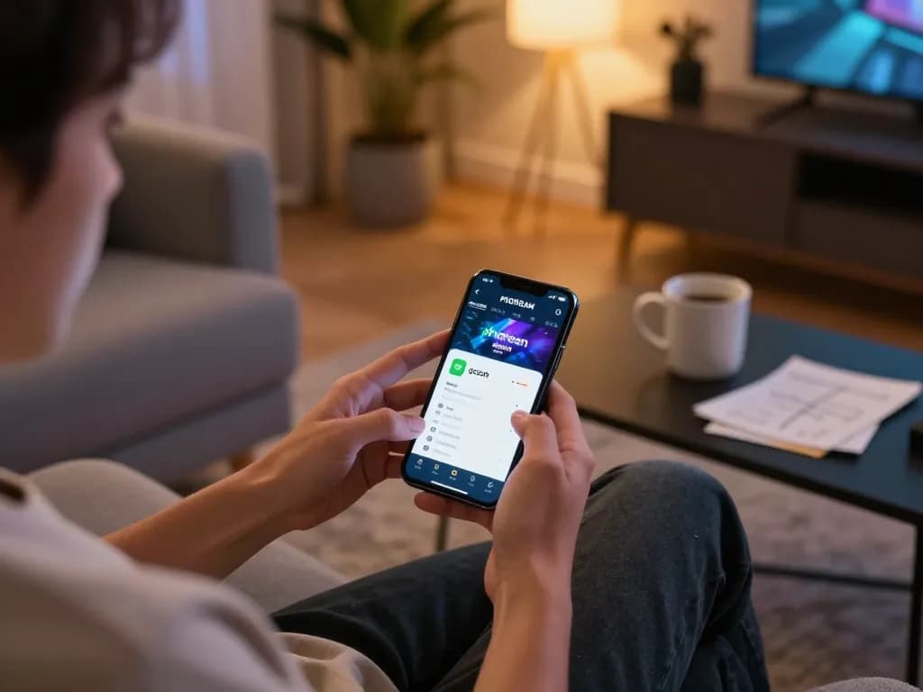 Engaging player using phdream gcash on smartphone, vibrant home scene with cozy decor
