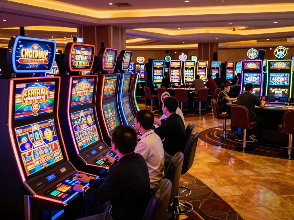 Players enjoying the excitement of O8 casino slot machines with vibrant lights and engaging gameplay.