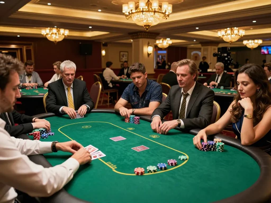 Players engaging in a strategic poker game in an upscale casino, showcasing the thrilling atmosphere of sunwin's poker tables.