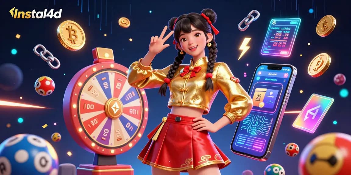 Experience thrilling jackpots with Instal4d, vibrant games, and exciting prize wheels surrounding a smiling character.