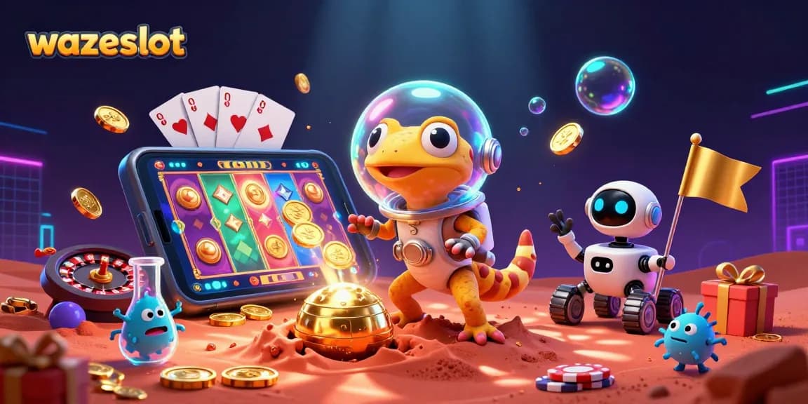 Wazeslot features a lively scene of a Martian gecko discovering a golden casino, showcasing thrilling slots and vibrant gameplay.