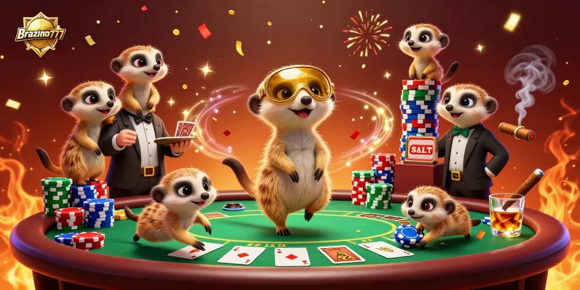 Brazino777 showcases a lively casino scene with meerkats dealing cards and handling chips, celebrating with vibrant confetti.