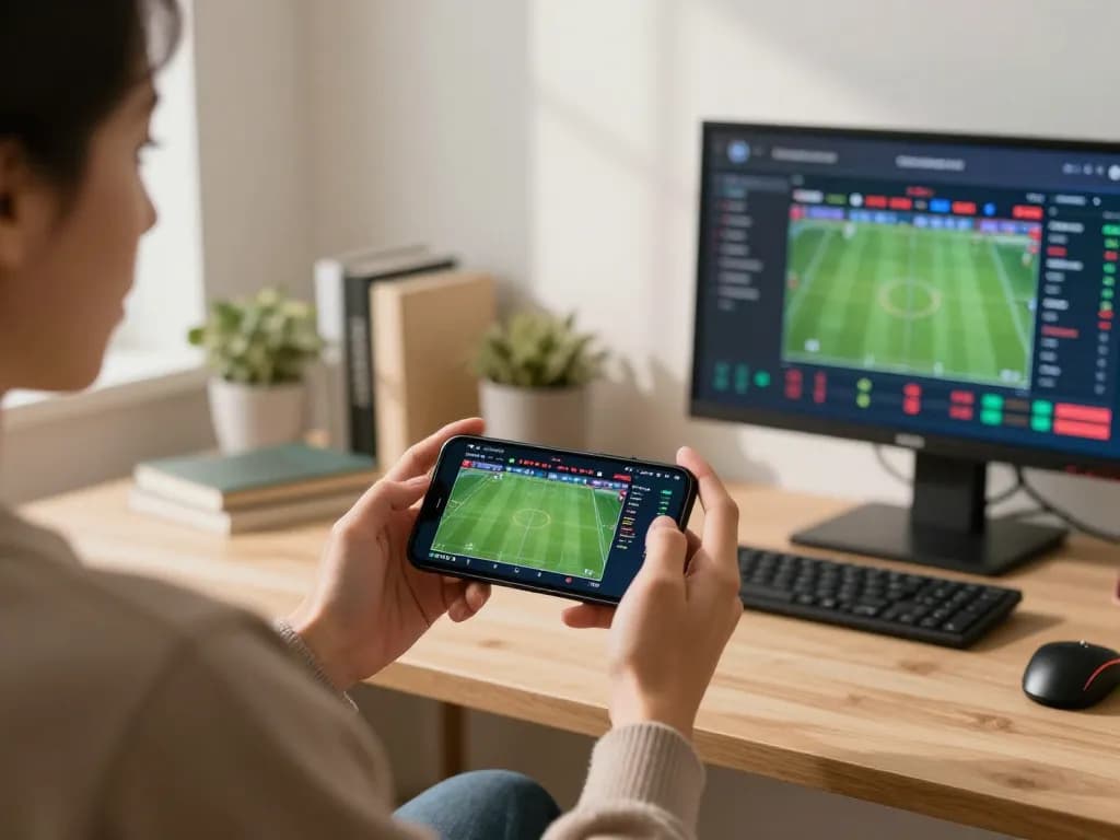 FABET user engaging in mobile sports betting with live updates and strategic gameplay in a modern workspace