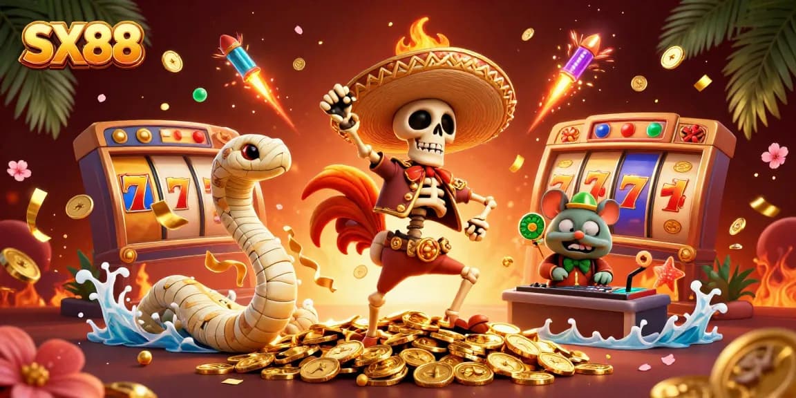 SX88 features a vibrant scene with a dancing mariachi rooster, slot reels, and a DJ hamster amidst golden coins.