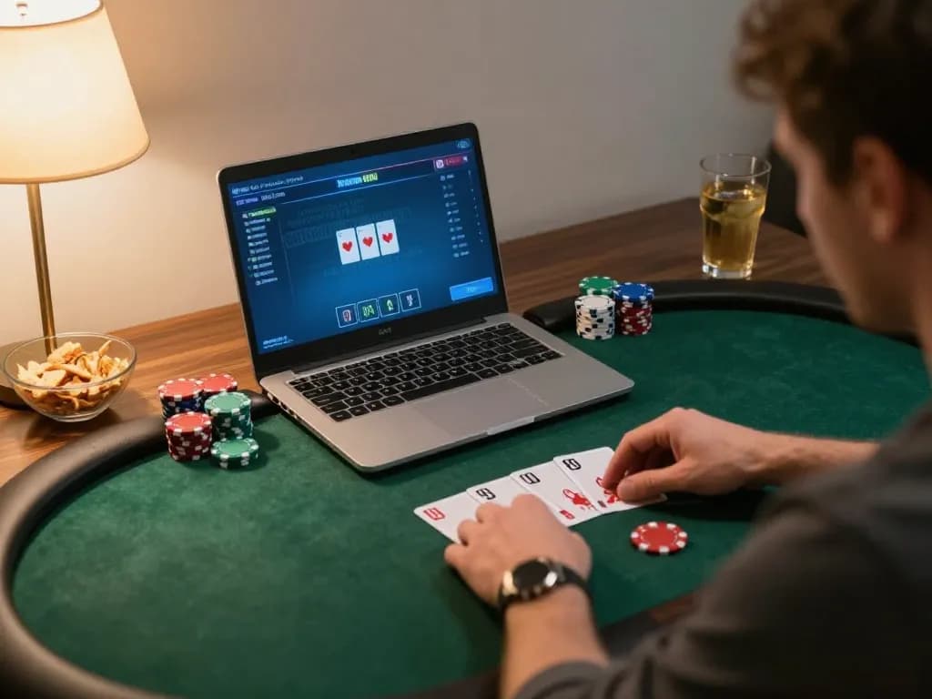 Player strategizing during a gi8 online poker game on a laptop at home