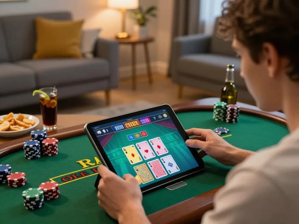 Player enjoying sunwin20 live dealer blackjack on tablet, showcasing home gaming atmosphere.