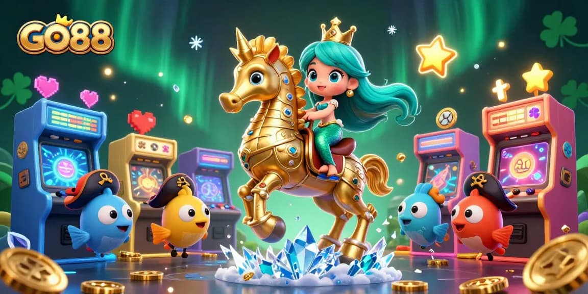 Experience thrilling gameplay at GO88, where a captivating mermaid princess and her seahorse companion lead a vibrant casino adventure.