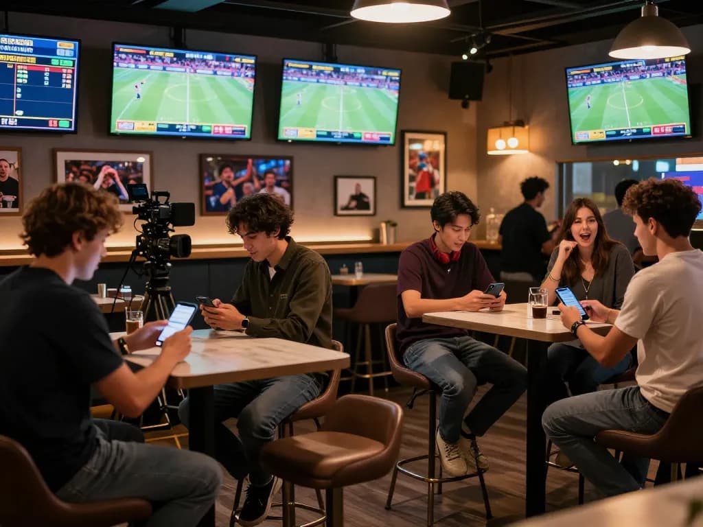 3BET bettors analyzing odds and placing bets in vibrant sports betting lounge