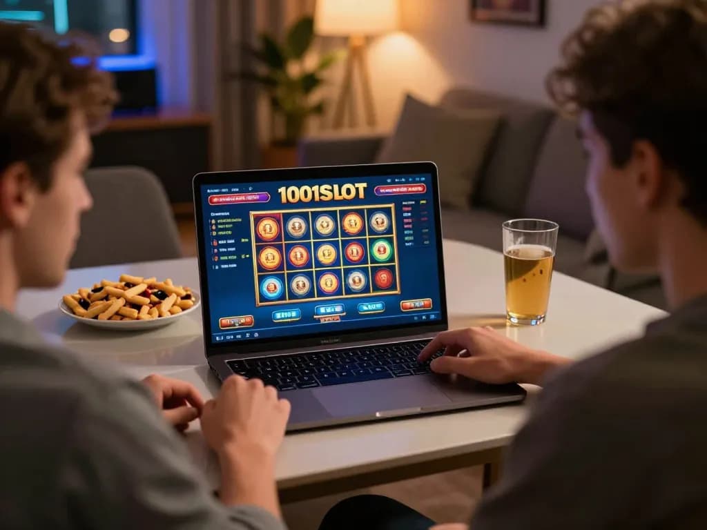 Players enjoying a colorful 1001SLOT online gaming session on laptop with cozy setup.