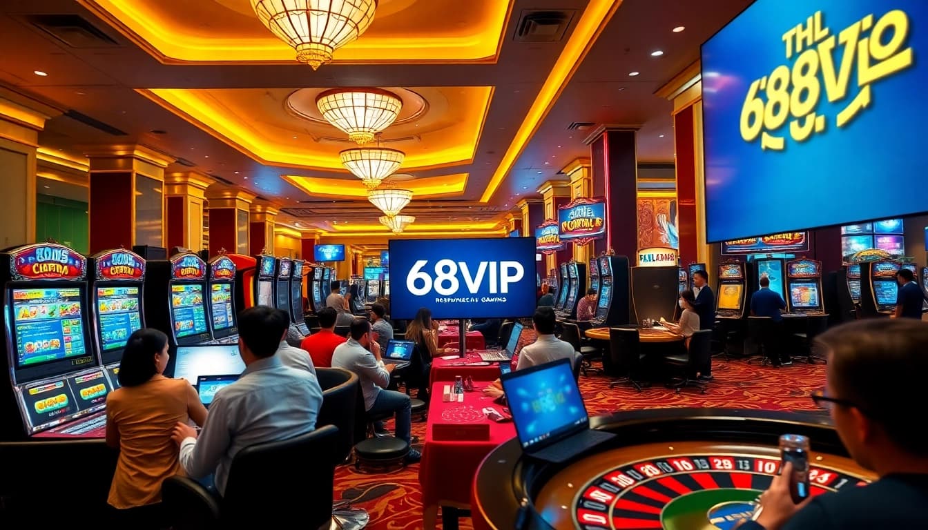 Engaging players at a luxury casino accessing Link Vào Nhà Cái 68VIP, showcasing online gambling excitement.