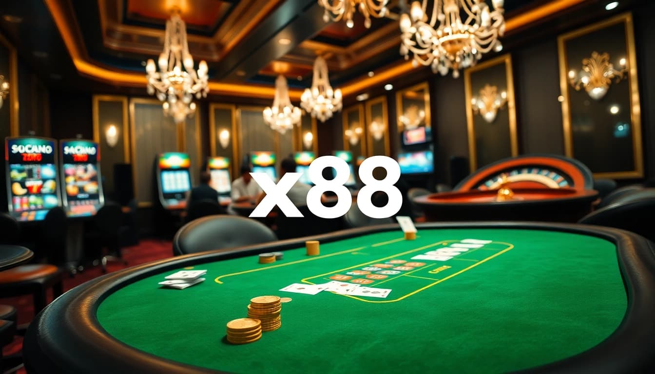 Experience the thrilling ambiance at x88 casino with vibrant poker games and spinning roulette wheels.