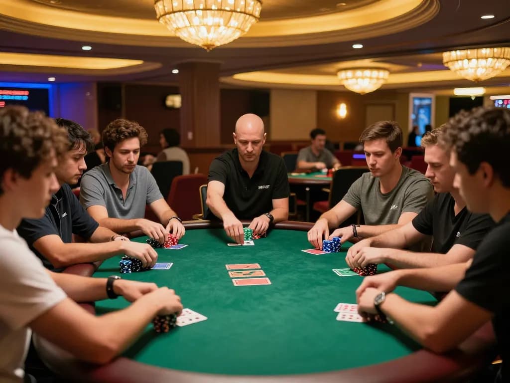 Các người chơi B52club đang chiến lược trong một trò chơi poker có giá trị cao tại bàn casino sang trọng.