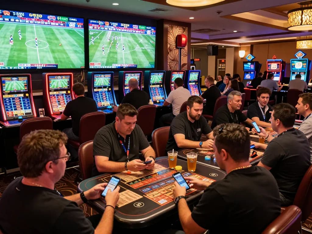 The sports betting area showcases tỷ lệ bóng đá kèo nhà cái with live matches and excited gamblers placing bets.
