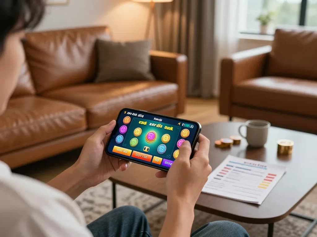 Engaging in a strategic xóc đĩa game on a smartphone with betting interface visible in a cozy living room.