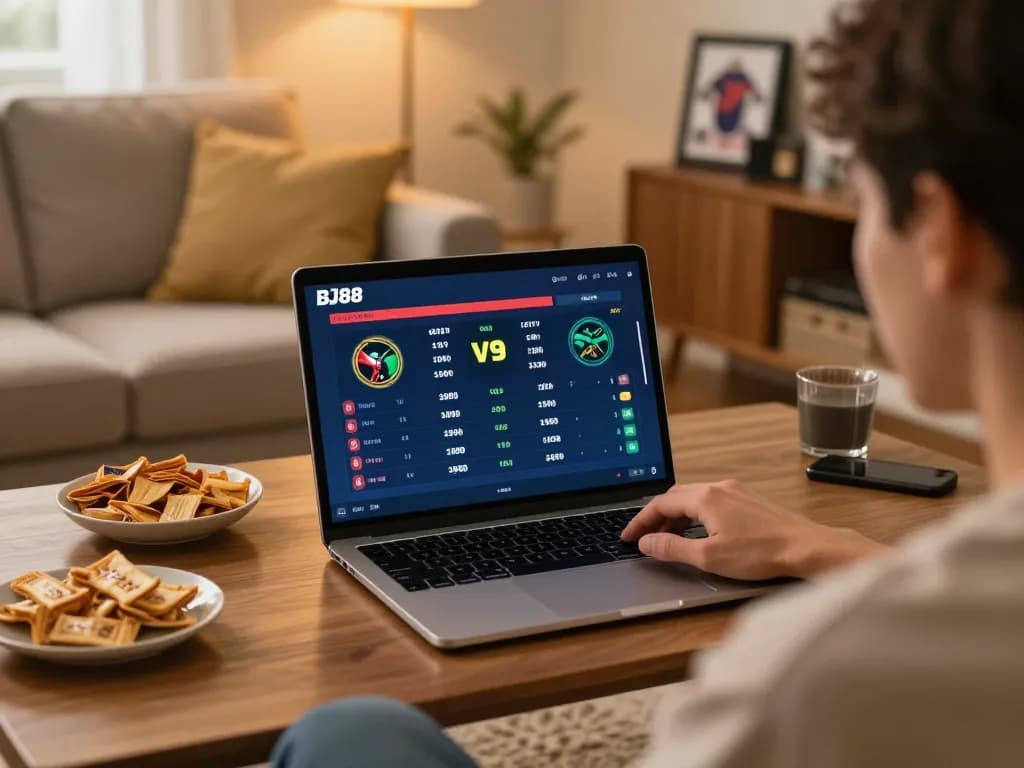 Engaging in live sports betting on the BJ88 app from home, capturing the excitement of online gambling.